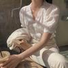 2024 Summer Korean Retro Sweet Lace V-Neck Puff Sleeve Top