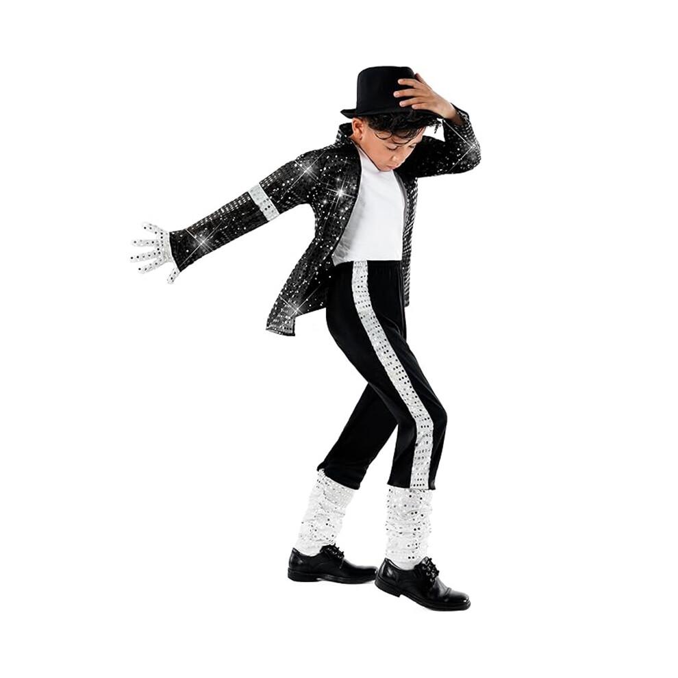 (Рост 115-125 см) Мальчик Майкл Джексон Billie Jean Черный Костюм Танцы Диско Хэллоуин Карнавальный Костюм 80-х Поп-Король Костюм для Детей