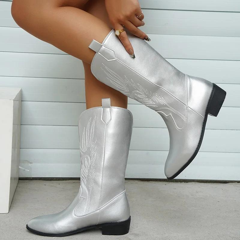Мода Винтаж Толстый каблук Женские сапоги в стиле вестерн ковбойские модные туфли без застежек Осень Зима Вышивка Дамы Рыцарь сапоги