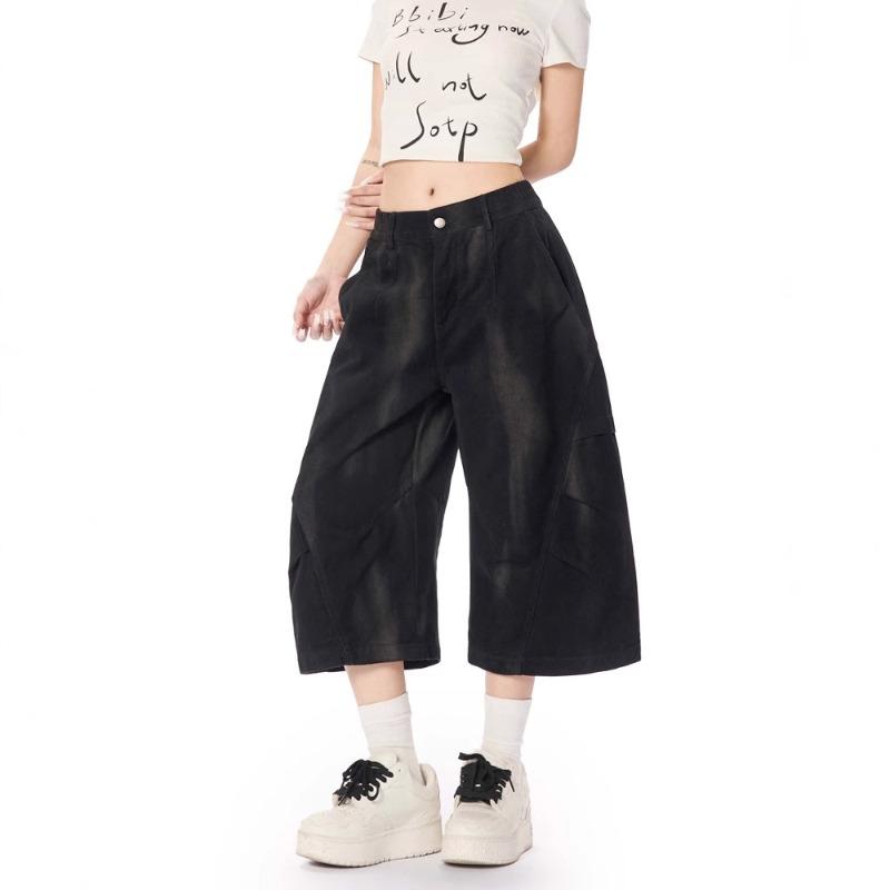 Washed Ink Splashing Dirty Dyed Pleated Tooling Shorts Men's and Women's Retro Loose Wide-leg Couple Jeans