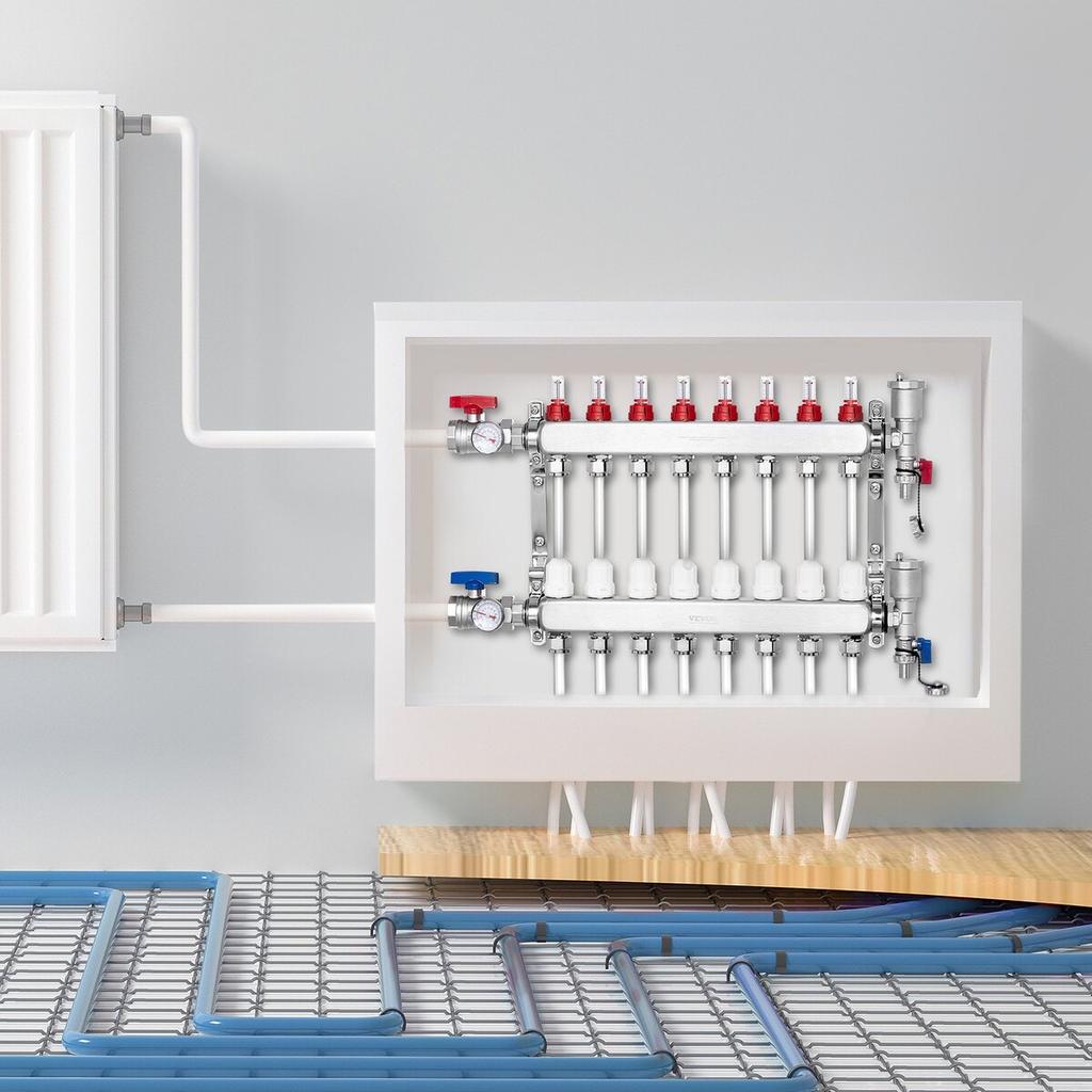 8-Branch Radiant Heat Manifold 1/2" PEX Tubing Floor Heating Manifold Set