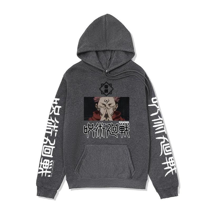 Mens Hooded Sweatshirt With Jujutsu Kaisen Anime Print Loose Fit Winter Warm Fleece Lined Cotton Blend Pullover