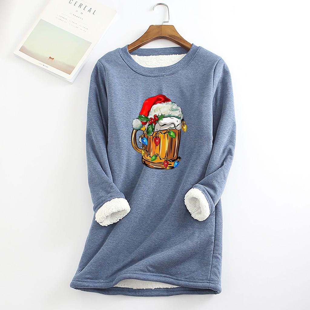 Женский круглый вырез с принтом из утолщенного плюша и кашемира, теплый длинный топ