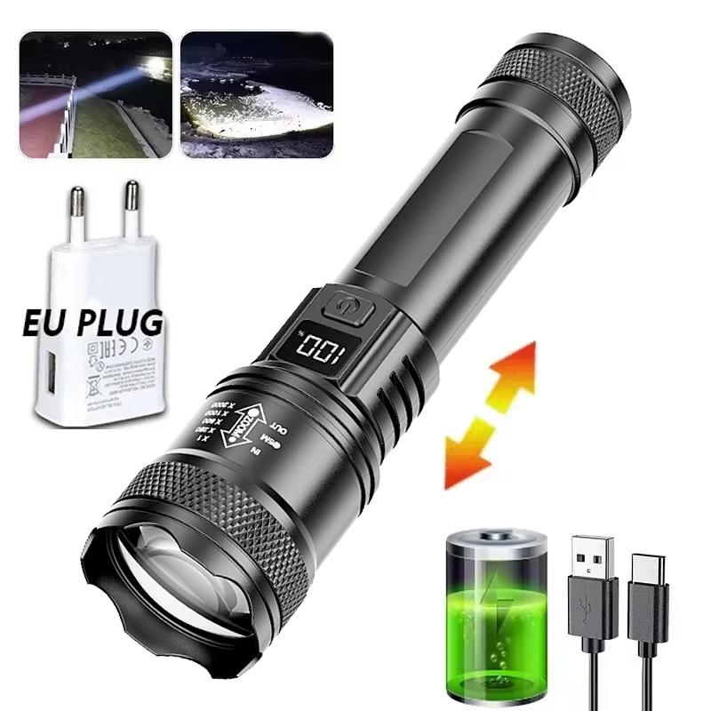 Мощный светодиодный фонарик USB перезаряжаемый фонарь с дисплеем масштабируемый свет с аккумулятором походный кемпинговый фонарь аварийная лампа
