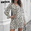Women's Fashion Summer Floral Print Long Sleeve V-Neck High Waist Casual Dresses