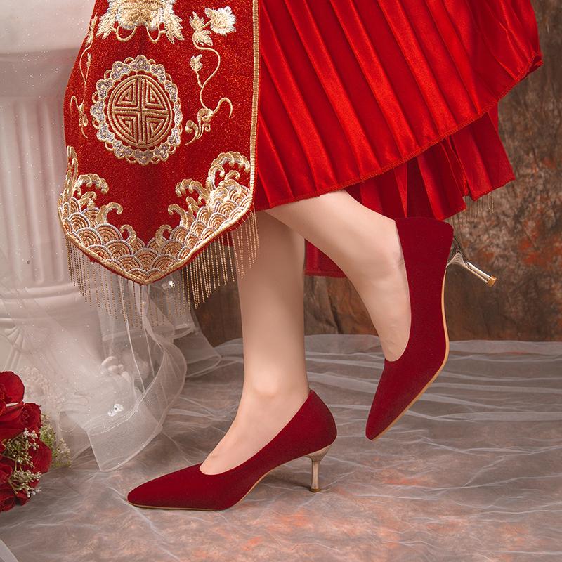 Модные красные свадебные туфли для женщин 2024 года, весна/лето/осень, новые женские туфли с острым носком, изящные туфли для невесты на высоком каблуке, размер 34-40