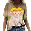 Ladies' T-shirt Cute Kitten Digital Printed Casual V-neck Short Sleeved Clothing Loose Top Shirt