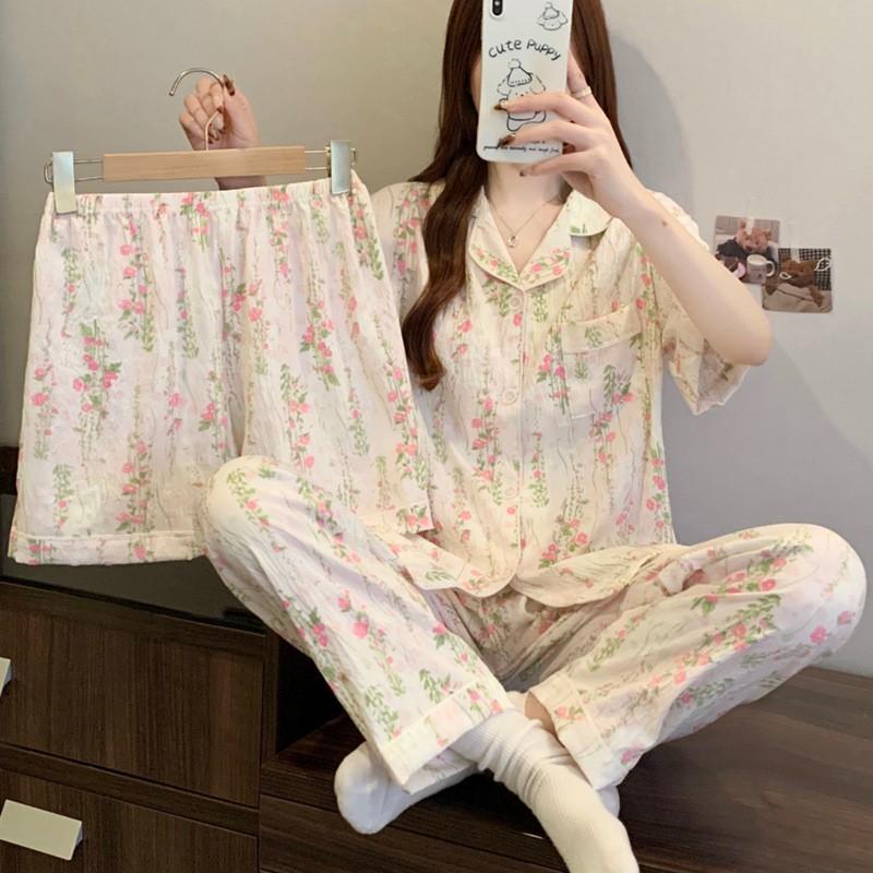 Womens Cloud Cotton Pajama Set Short Sleeve Bow Loose Loungewear 3pcs