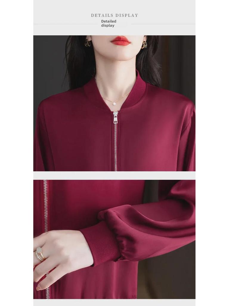 Весна 2024 Женская свободная бейсбольная куртка из ацетатного атласа - Повседневный короткий кардиган с длинными рукавами