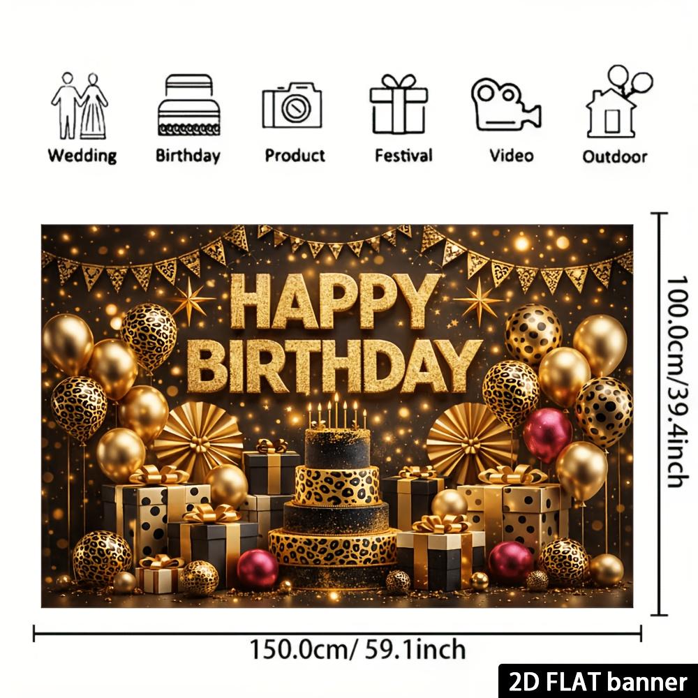 Black Gold Leopard Birthday Banner Backdrop, Happy Birthday Leopard Balloon Cake Gift Flag Foil, Polyester, Party Decor