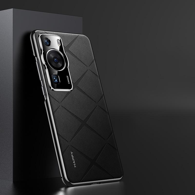 KEYSION Grid Pattern PU Leather Case for Huawei P60 P60 Pro Plating PC Camera Protection Phone Back Cover for Huawei P60 Pro