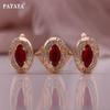 Unique Women 585 Rose Gold Color Red Horse's Eye Shape Artificial Zircon Earring Ring Combination Set