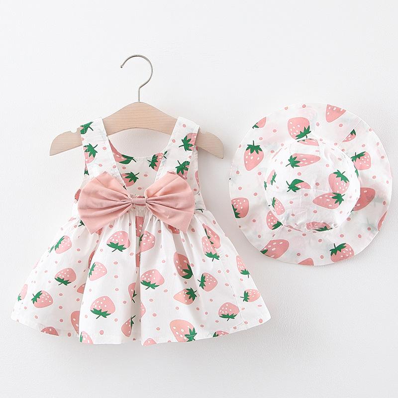 Children's Strawberry Print Dress Girl's Dress with Hat