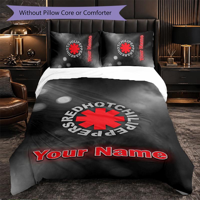 Red Hot Chili Peppers Customized Name Text Bedding Set, 1 Duvet Cover & 2 Pillowcases Personalized Bedroom Gift