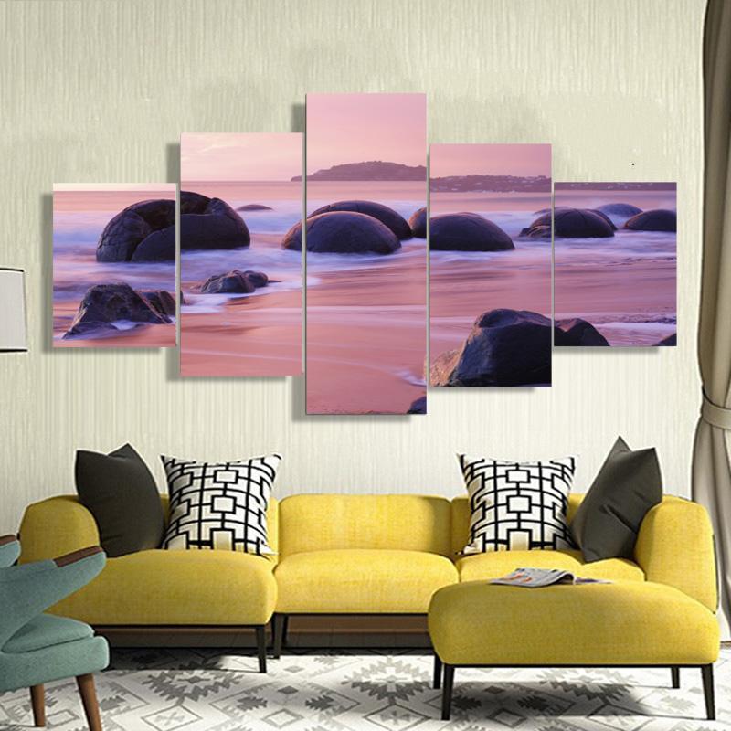 5 панелей Морской пейзаж Морской большой круглый камень Красочное небо Холст Картина Плакаты и принты Настенная картина Домашний декор без рамки