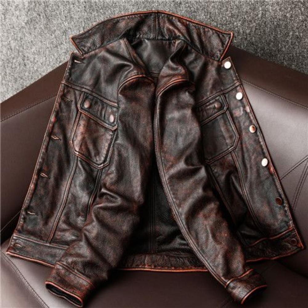 The First Layer of Cowhide Leather Jacket Men's Stone Grinding Retro Old Denim Leather Jacket Short Jacket
