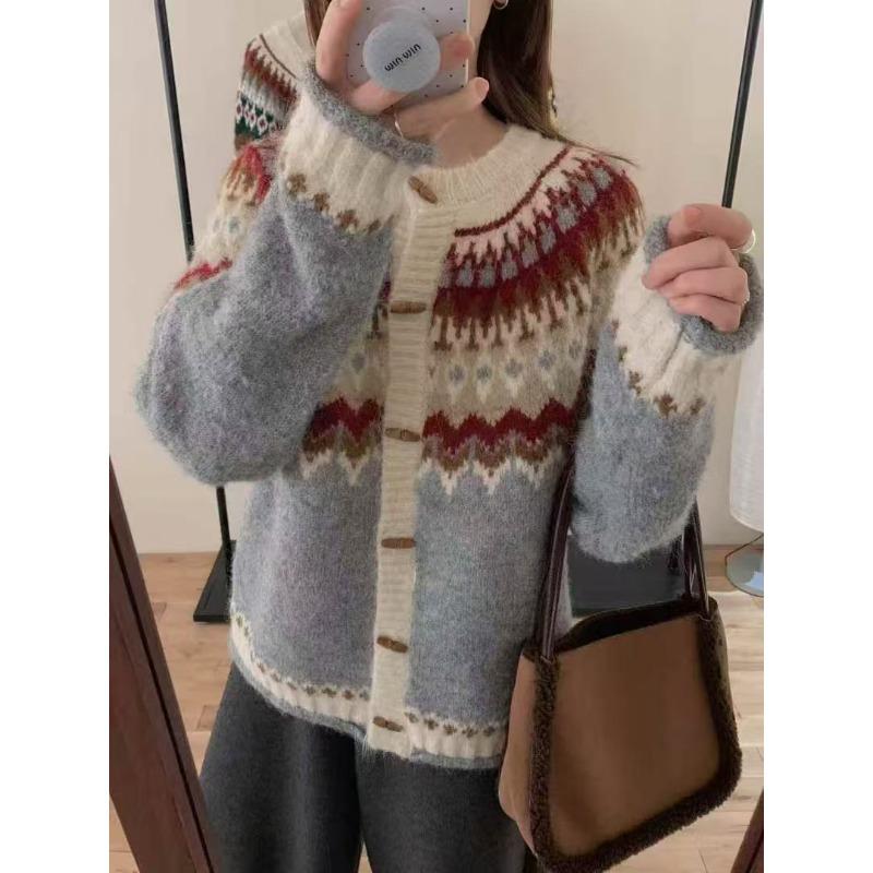Жакет-свитер Fair Isle, женская одежда, осень и зима, новый свободный, с круглым вырезом, в стиле ретро, жаккардовый, на вязаной кардигане с пуговицами из рога
