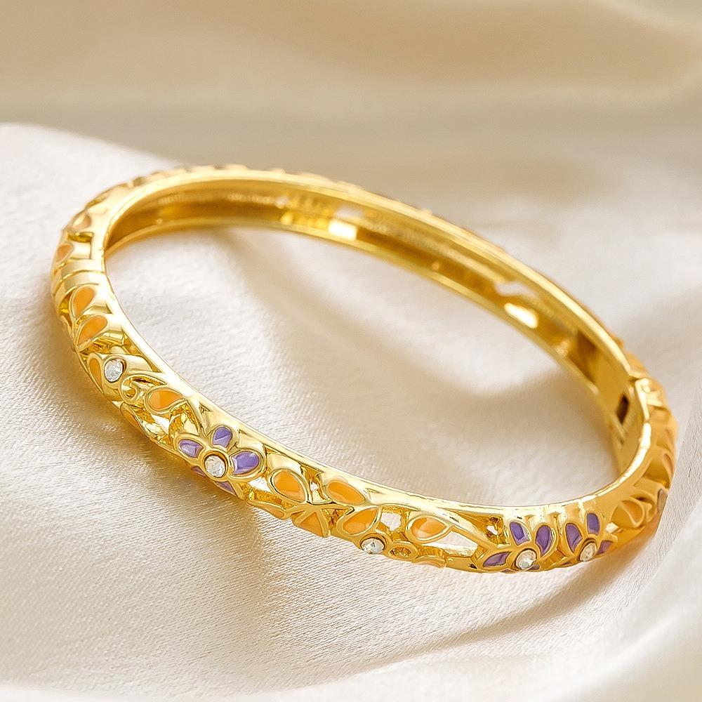 New Colorful Enamel Floral Bangle Chinese Style Handmade Open Cuff Bracelet Gold Plated Elegant Diamond Bangle Women