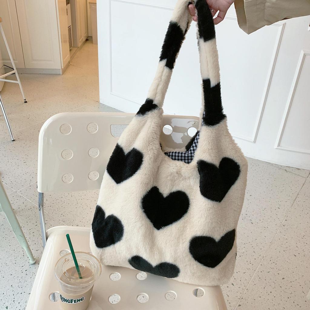 Women Autumn Winter Plush Love One Shoulder High Capacity Tank Top Bag