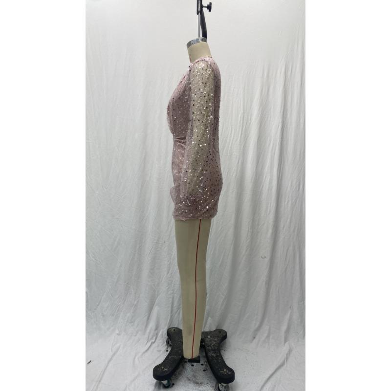 Женские летние короткие платья с длинными рукавами и v-образным вырезом и пайетками на талии