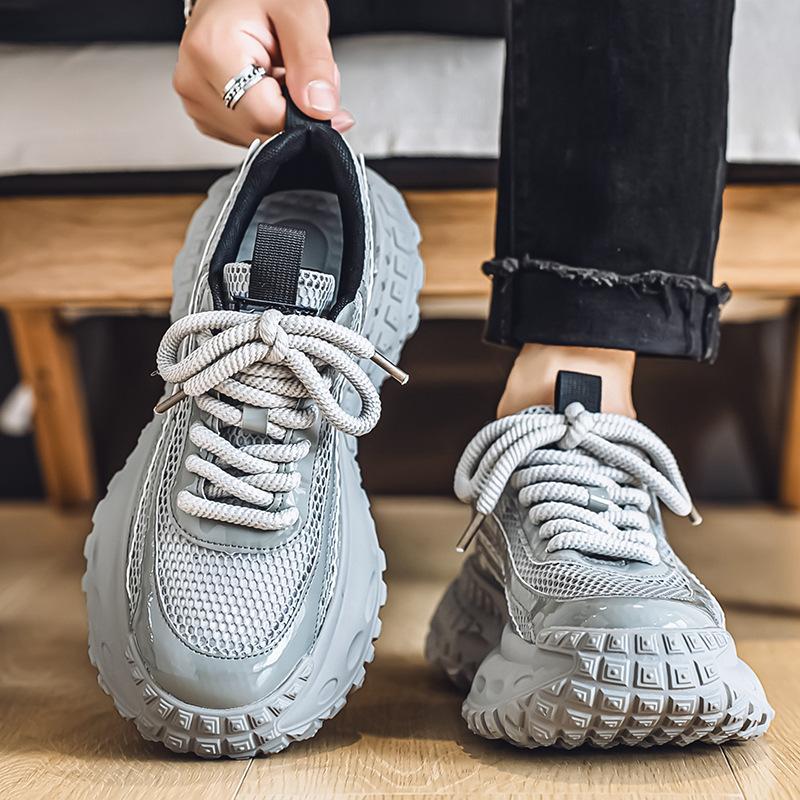 Men's Shoes for Summer New Hollow Breathable Mesh Casual Sneakers Versatile Thick Sole Height-enhancing and Anti-slip Daddy Shoes