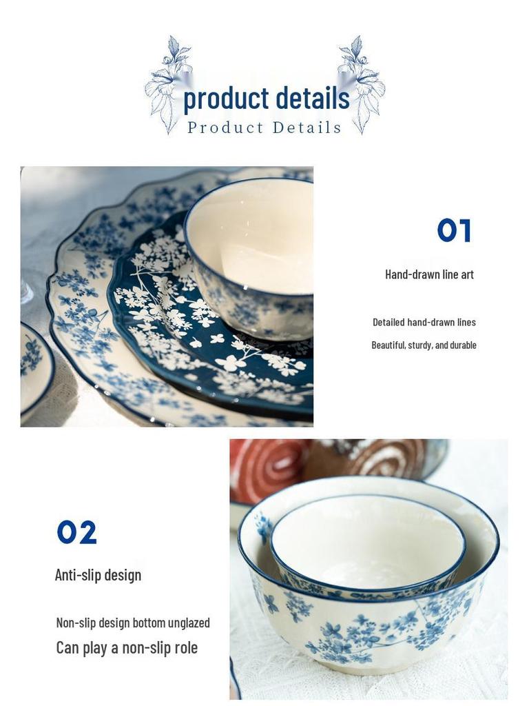 Shunxiang Jialan English Retro Ceramic Bowl & Plate Set - Underglaze Tableware for Soup & Rice.