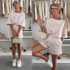 Women's Casual Striped Lounge Set Short Sleeve Top with Elastic Shorts 2 Piece Outfit