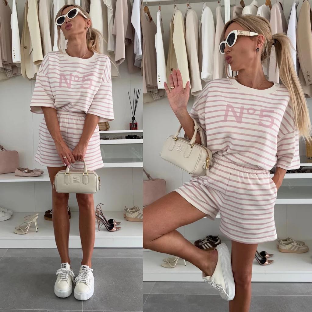 Women's Casual Striped Lounge Set Short Sleeve Top with Elastic Shorts 2 Piece Outfit
