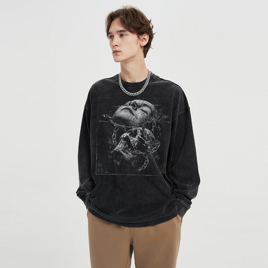 Streetwear Face Graphic Washed Black T-Shirt Cotton Unisex Tops Tees Plus Size Long T Shirt