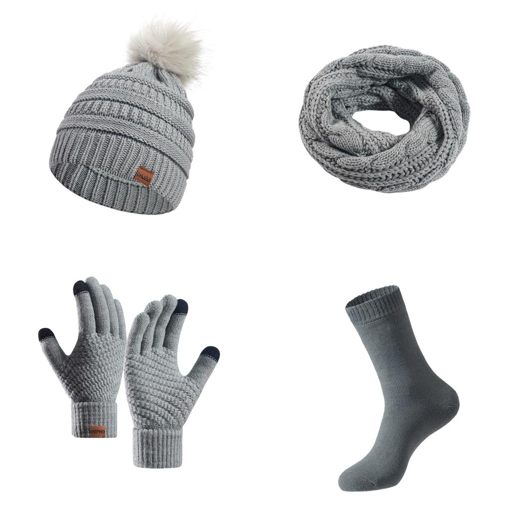 Парная теплая шерстяная шапка, вязаная плюс бархатная утолщенная взрослая шапка, шарф, перчатки, носки, комплект из четырех предметов