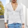 Men T-shirt V-neck Buttons Half Placket Long Sleeve Tee Shirt Solid Color Slim Fit Regular Style Breathable Tops