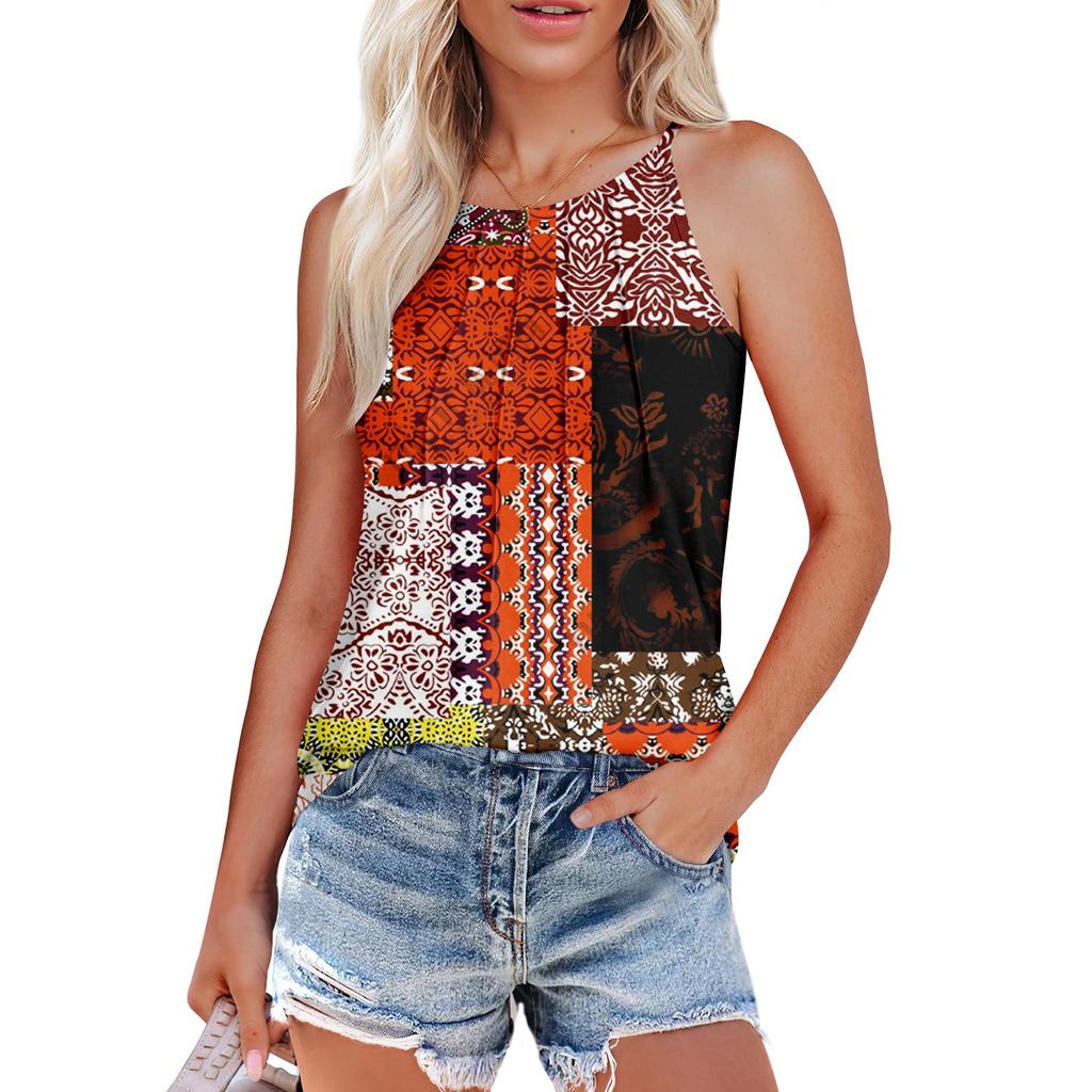 Женские летние майки-топы с плиссировкой и принтом O-образного выреза, повседневные майки-топы для женщин, свободные рубашки без рукавов