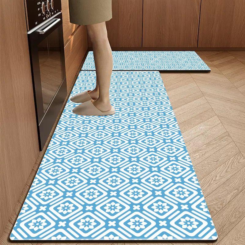 Black White Floral Tile Kitchen Mat Set Non Slip Oil Proof Washable Long Runner Floor Rug For Kitchen Sink Entrance Decor