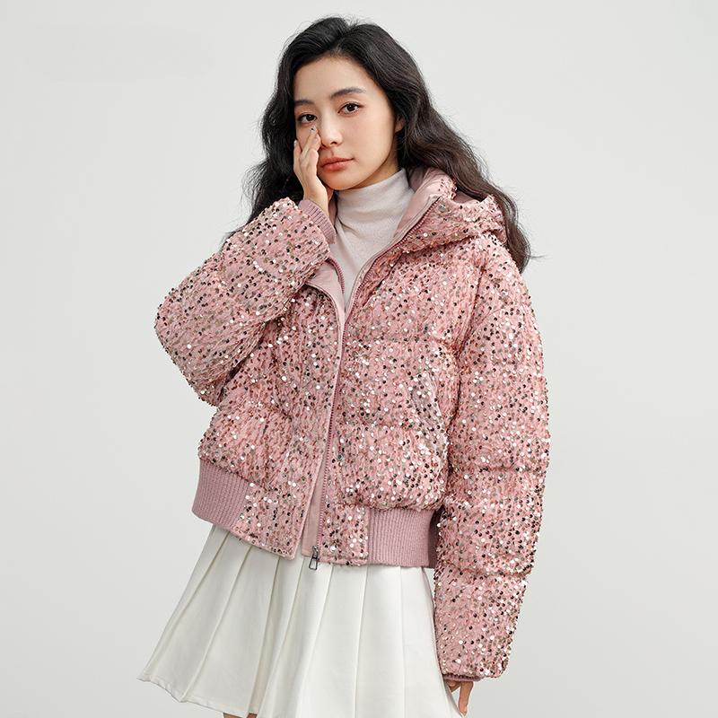 Down Jacket for Women Autumn and Winter New Arrival Short Style Fashionable Sequined Hooded All-match Warm Coat