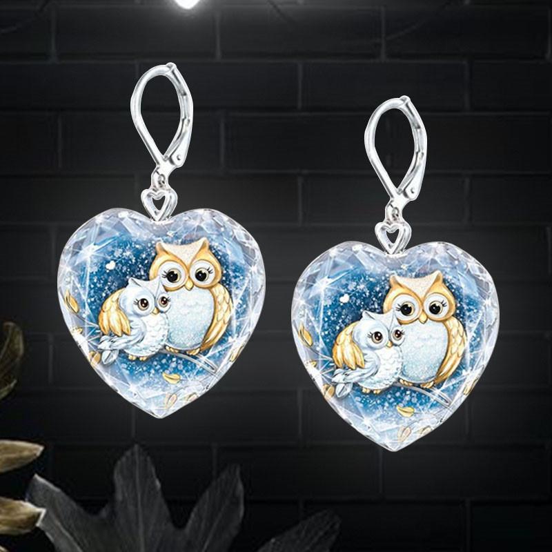 Creative Heart-shaped Glass Mother And Child Owl Drop Earrings For Women