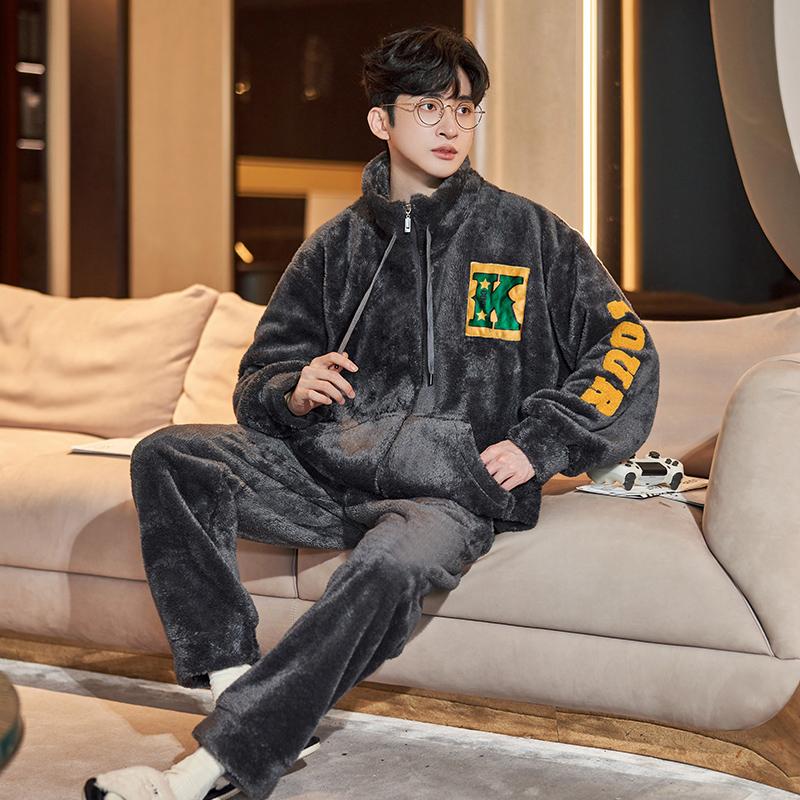 Антистатический коралловый флис мужской зимний пижамный комплект утепленная фланель теплая пижама большого размера на молнии мягкая мужская пижама домашняя одежда
