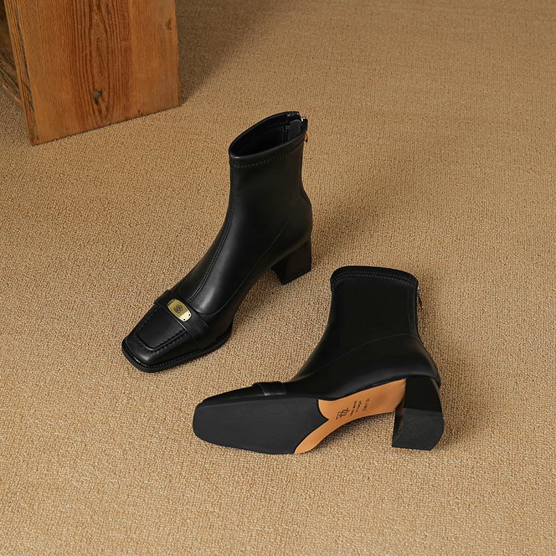 Krazing Pot Зимние короткие ботинки из микрофибры с квадратным носком и толстым каблуком, современные женские эластичные ботильоны с металлической застежкой, размер 42