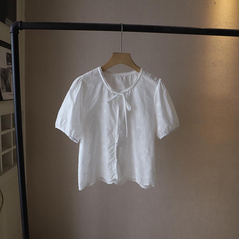 Корейская кружевная жаккардовая рубашка с рукавами-пузырями и завязками для женщин - Коллекция Лето 2025
