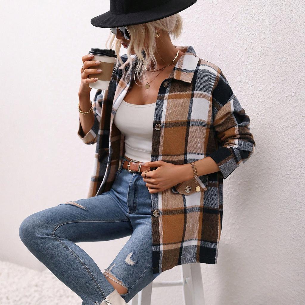 Women's Casual Fashion Woolen Plaid Long Sleeve Cardigan Jacket Top