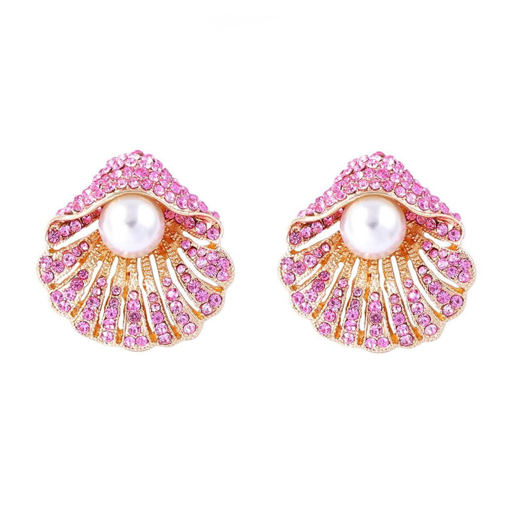 Light luxury fashion simple temperament alloy full diamond imitation pearl shell stud earrings niche high-end design sense women