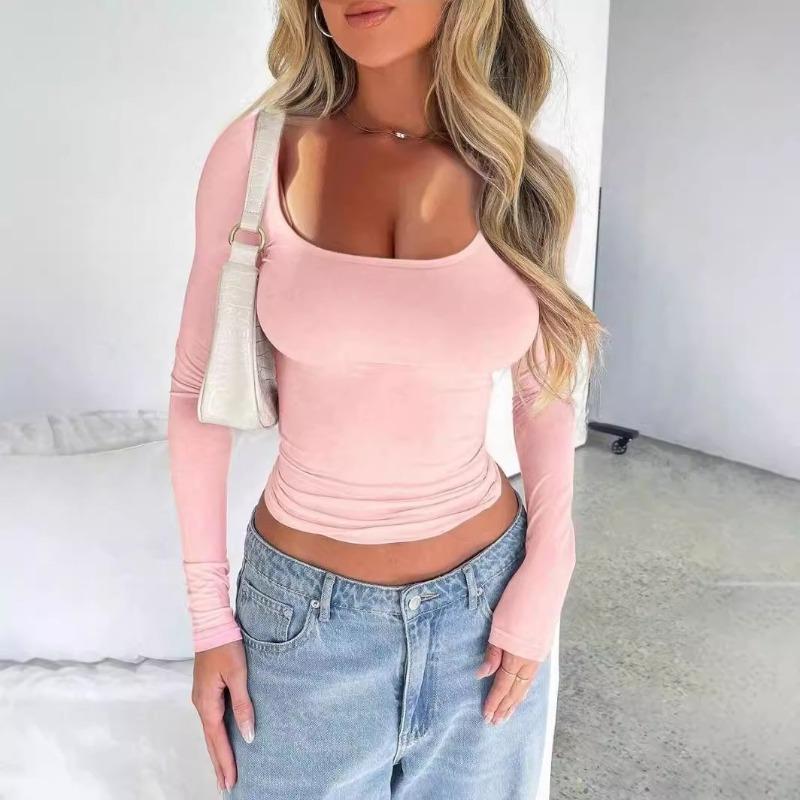 Women's Y2K Slim and Skinny Solid Colour U Neck Long Sleeve Top