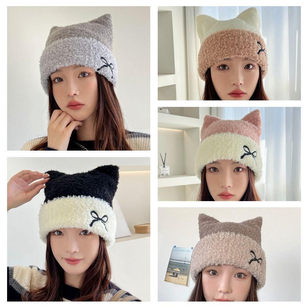 Embroidery Cat Ears Hat Bow Winter Knitted Hat Personality Knitted Beanie Hat  Winter/Autumn