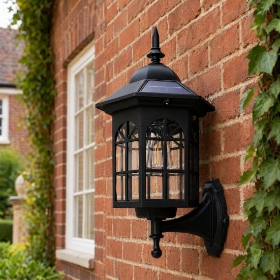 Solar Vintage Wall Light, Motion Sensor Outdoor Sconce with Glass Shade, Waterproof Garden Lantern for Patio Porch Pathway Decor