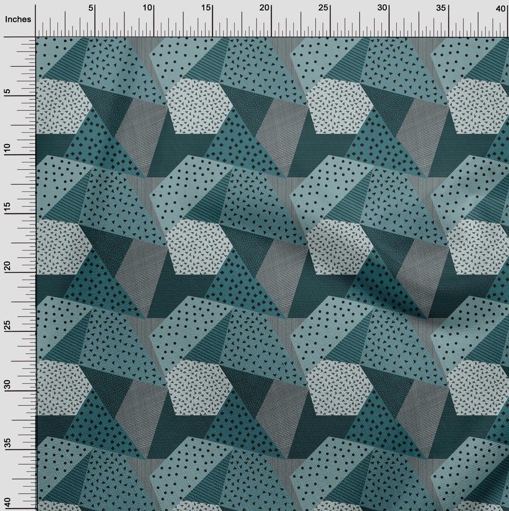 oneOone Cotton Flex Dusty Teal Blue Fabric Dot|Check & Triangle Geometric Dress Material Fabric Print Fabric By The Yard 40 Inch