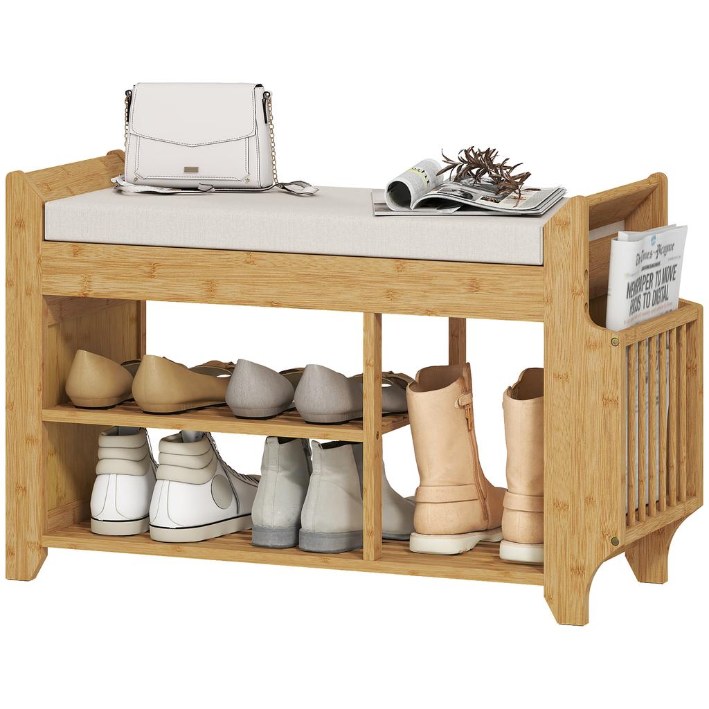 Shoe Bench 2-Tier Boot Section Entryway Storage Bench Cushioned Seat 100 x 30 x 50 cm Natural and Cream