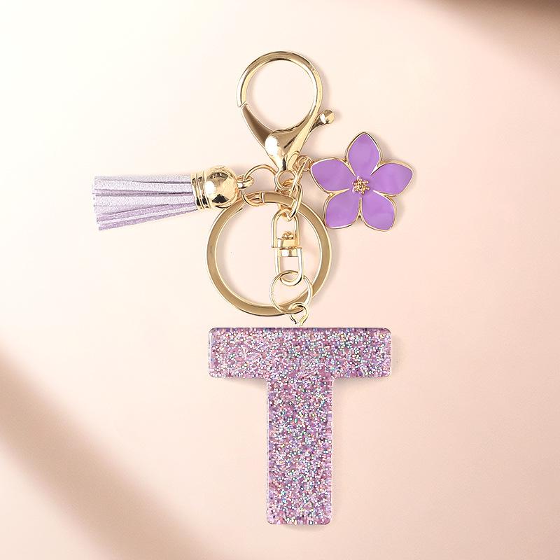 Flash Powder 26 English letters, diy, Resin keychain, purple flower, pendant, bag pendant, keychain, Christmas gift, Stocking stuffers