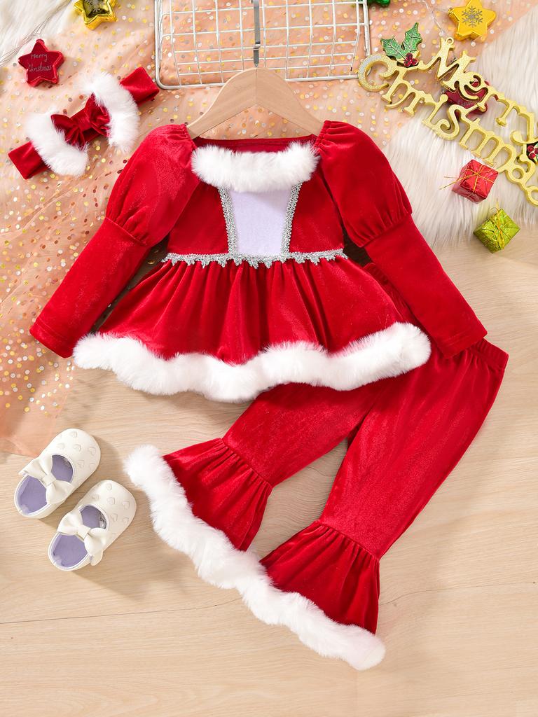 Детский рождественский комплект Платье с длинным рукавом+брюки+повязка на голову Набор из трех предметов