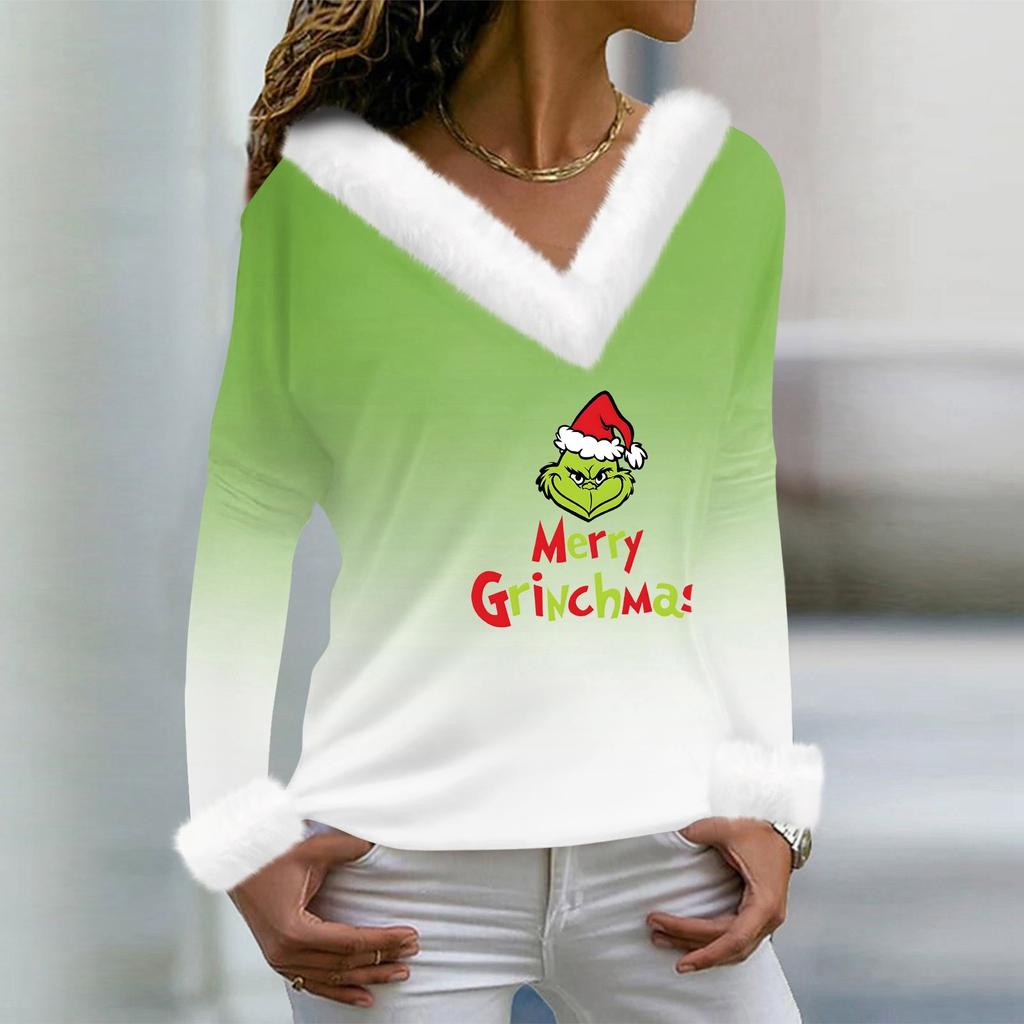Женская футболка, рождественская рубашка с длинным рукавом, вечерние, рождественский флисовый воротник, топ с v-образным вырезом