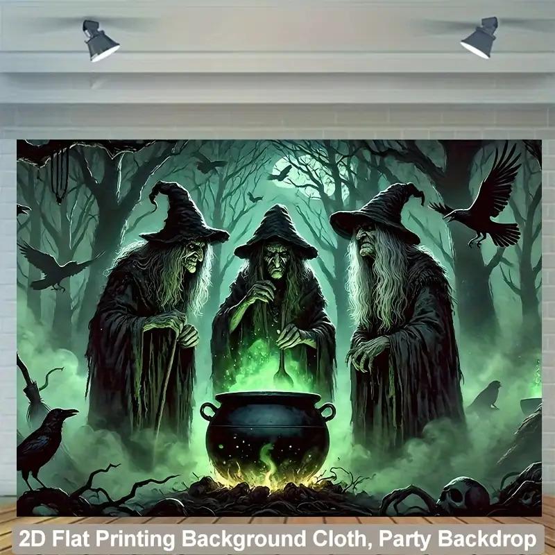 2D flat design 1 piece per pack. Halloween-themed background cloth - Three witches in the dark forest.