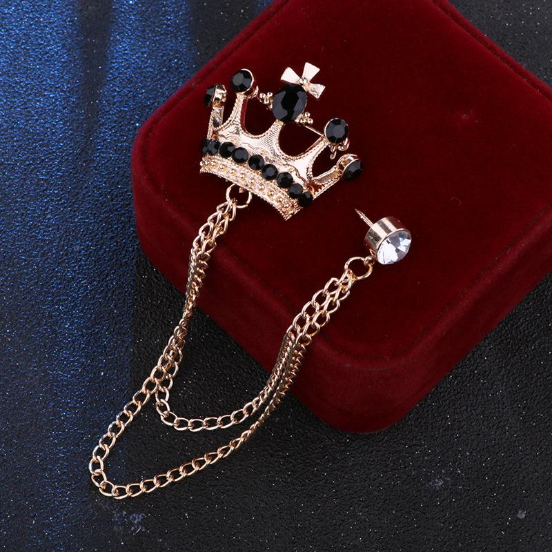 Crystal Men Brooch Pin Crown Fashion Collar Pins Suit Lapel Wedding Gift Jewelry Cross Chain